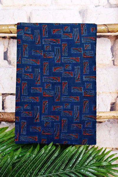 Blue-Orange Ajrakh with Batik Unstitched Suit - SSEthnics