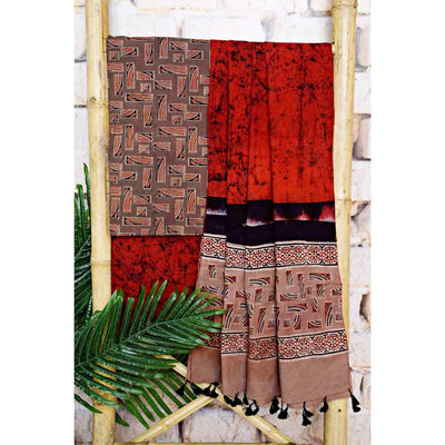 Brown-Red Ajrakh with Batik Unstitched Suit - SSEthnics