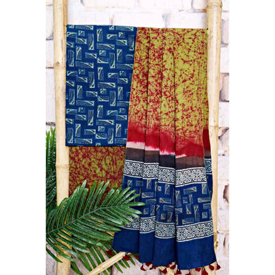 Blue-Green Ajrakh with Batik Unstitched Suit - SSEthnics