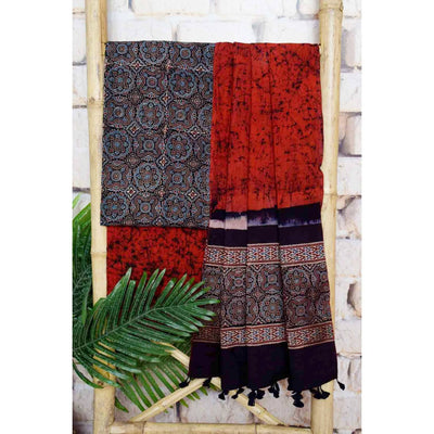 Black-Red Ajrakh with Batik Unstitched Suit - SSEthnics