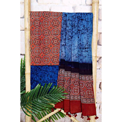 Madder-Blue Ajrakh with Batik Unstitched Suit - SSEthnics