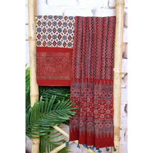 Cream Ajrakh Triple Block Two Piece Suit - SSEthnics