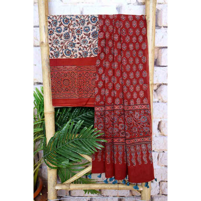 Cream Ajrakh Triple Block Two Piece Suit - SSEthnics