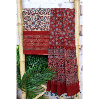 Cream Ajrakh Triple Block Two Piece Suit - SSEthnics