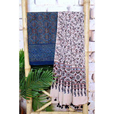Blue Ajrakh Block Print Cotton Two Piece Suit - SSEthnics