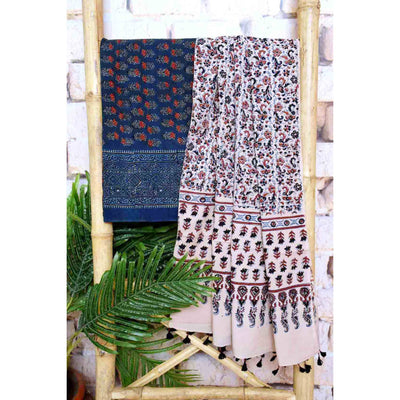 Blue Ajrakh Block Print Cotton Two Piece Suit - SSEthnics