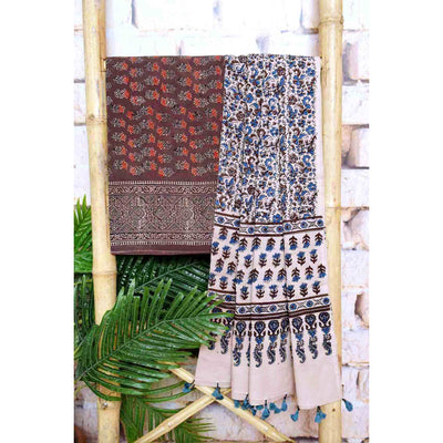 Brown Ajrakh Triple Block Two Piece Suit - SSEthnics