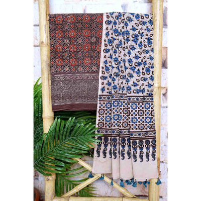 Brown Ajrakh Triple Block Two Piece Suit - SSEthnics