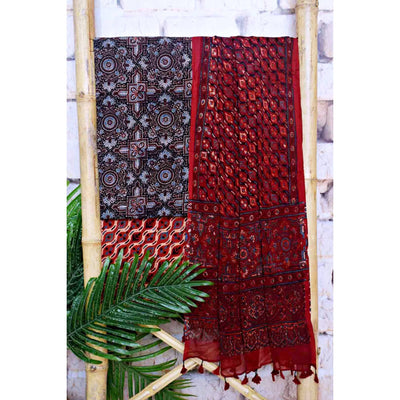 Black Ajrakh Cotton Suit with Chiffon Dupatta - SSEthnics