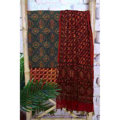 Green Ajrakh Cotton Suit with Chiffon Dupatta - SSEthnics