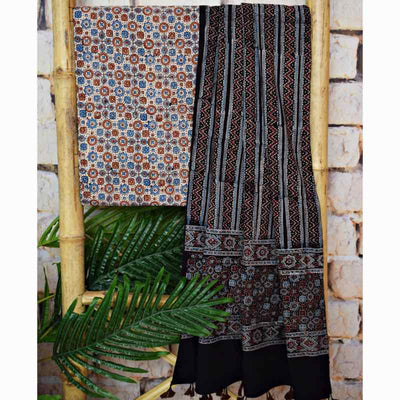White Ajrakh Block Print Two Piece Set - SSEthnics