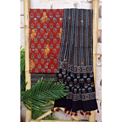 Ajrakh Cotton Suit With Kutch Embroidery - SSEthnics