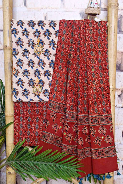 Ajrakh Cotton Suit With Kutch Embroidery - SSEthnics