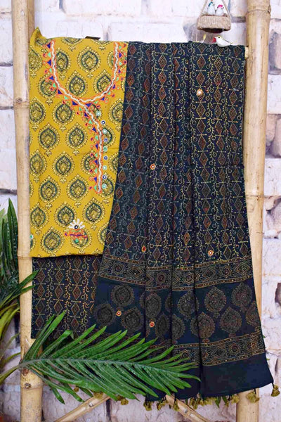 Ajrakh Cotton Suit With Kutch Embroidery - SSEthnics