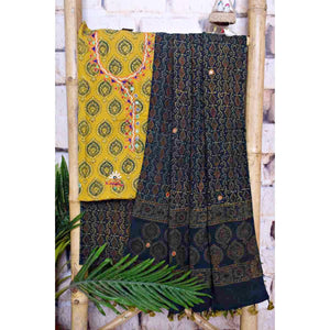 Ajrakh Cotton Suit With Kutch Embroidery - SSEthnics