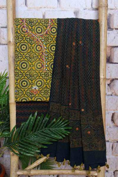 Ajrakh Cotton Suit With Kutch Embroidery - SSEthnics
