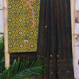 Ajrakh Cotton Suit With Kutch Embroidery - SSEthnics