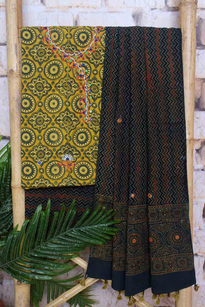 Ajrakh Cotton Suit With Kutch Embroidery - SSEthnics