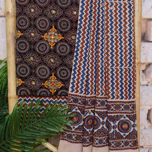 Ajrakh Cotton Suit With Kutch Embroidery - SSEthnics