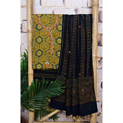 Ajrakh Cotton Suit With Kutch Embroidery - SSEthnics