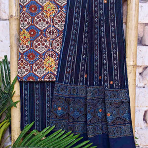 Ajrakh Cotton Suit With Kutch Embroidery - SSEthnics