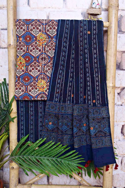 Ajrakh Cotton Suit With Kutch Embroidery - SSEthnics