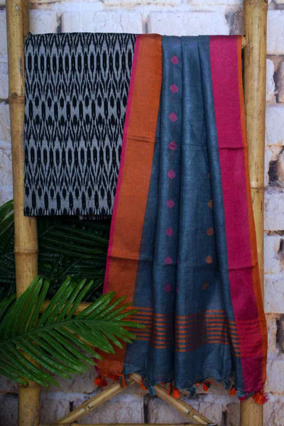 Black Handloom Ikat Two Piece Set with Linen Dupatta - SSEthnics