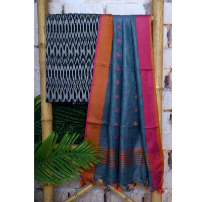 Black Handloom Ikat Two Piece Set with Linen Dupatta - SSEthnics