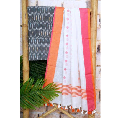 Grey Handloom Ikat Two Piece Set with Linen Dupatta - SSEthnics