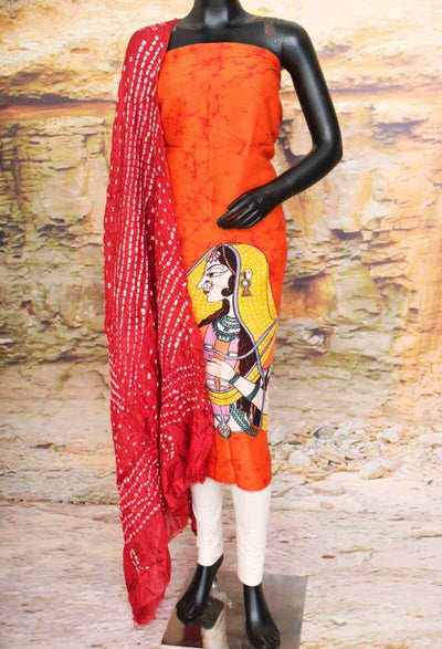 Orange Indonesian Batik Maheshwari Silk Two Piece Set - SSEthnics