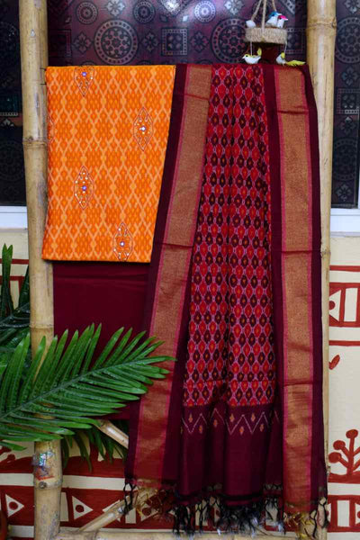 Yellow Handloom Ikat Silk Cotton Set with Hand Embroidery - SSEthnics