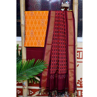 Yellow Handloom Ikat Silk Cotton Set with Hand Embroidery - SSEthnics