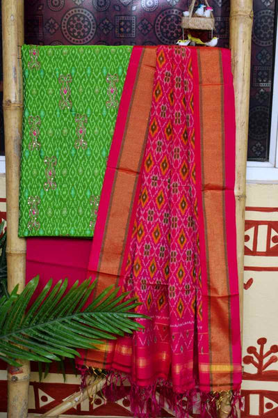 Green Handloom Ikat Silk Cotton Set with Hand Embroidery - SSEthnics