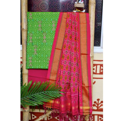 Green Handloom Ikat Silk Cotton Set with Hand Embroidery - SSEthnics