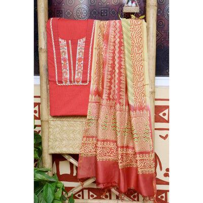 Red Kantha Cotton Embroidered Set - SSEthnics