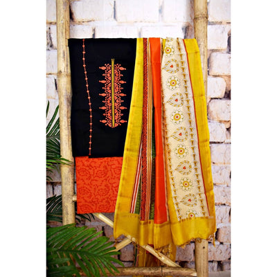 Blue Handloom Chanderi Embroidered Set - SSEthnics