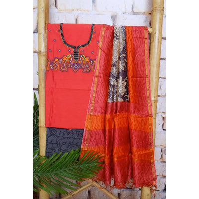 Carrot Red Chanderi Silk Customised Embroidered Set - SSEthnics