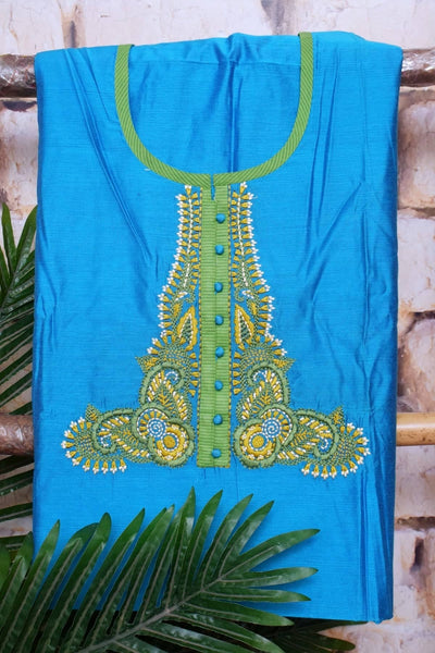 Blue Chanderi Silk Customised Embroidered Set - SSEthnics