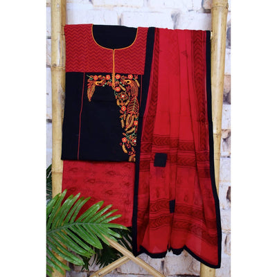 Black Handloom Cotton Embroidered Set - SSEthnics