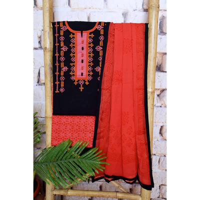 Black Handloom Cotton Embroidered Set - SSEthnics