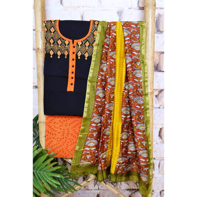 Black Handloom Cotton Embroidered Set - SSEthnics