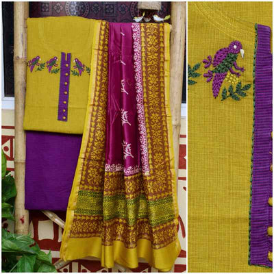 Green Handloom Cotton Embroidered Set - SSEthnics