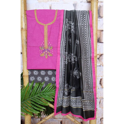 Black Handloom Cotton Embroidered Set - SSEthnics