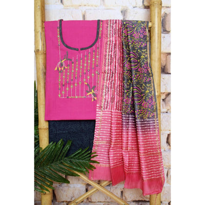 Black Handloom Cotton Embroidered Set - SSEthnics