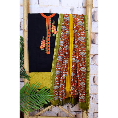 Black Handloom Cotton Embroidered Set - SSEthnics