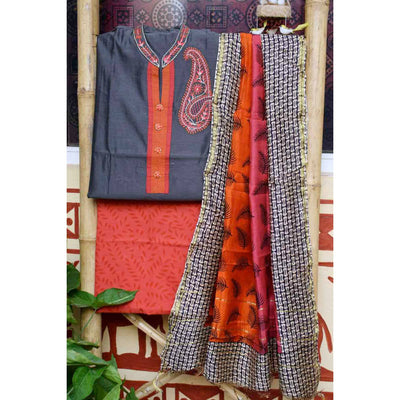 Grey Chanderi Silk Embroidered Set - SSEthnics