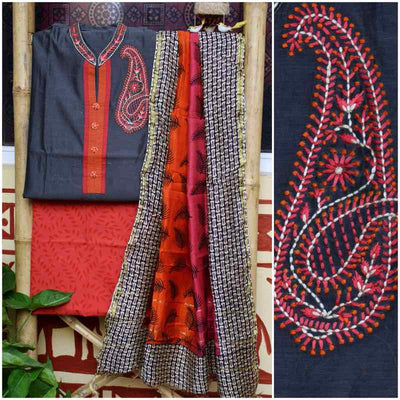 Grey Chanderi Silk Embroidered Set - SSEthnics