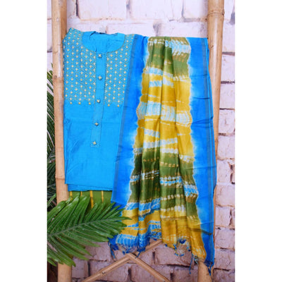 Blue Chanderi Silk Customised Embroidered Set - SSEthnics