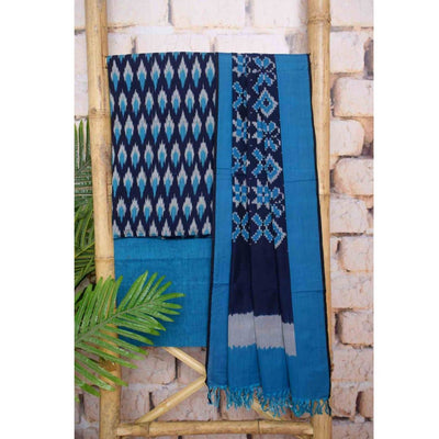 Blue Mercerised Telia Warp Ikat Unstitched Suit - SSEthnics