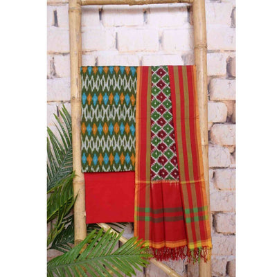 Green Double Ikat Unstitched Suit - SSEthnics